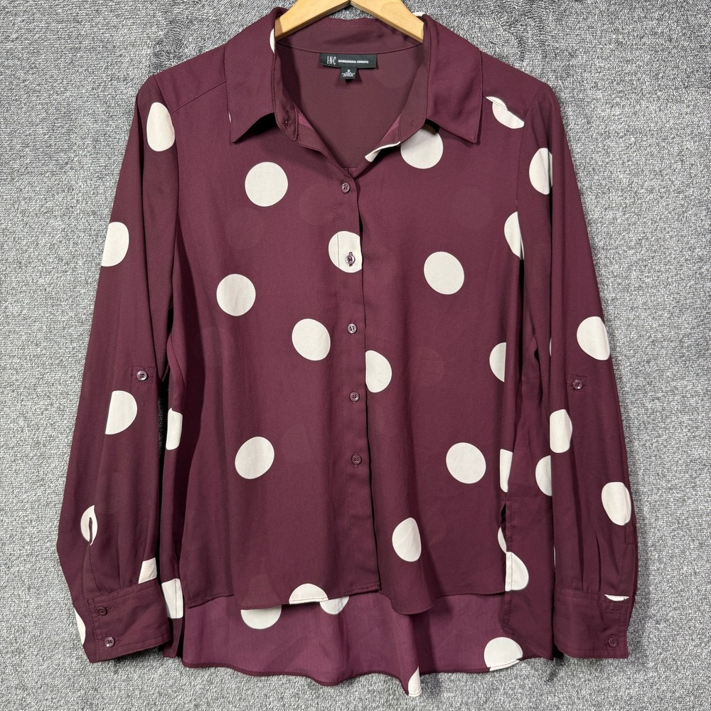 INC International Concepts Blouse Medium Burgundy Polka Dot Roll Tab Sleeve